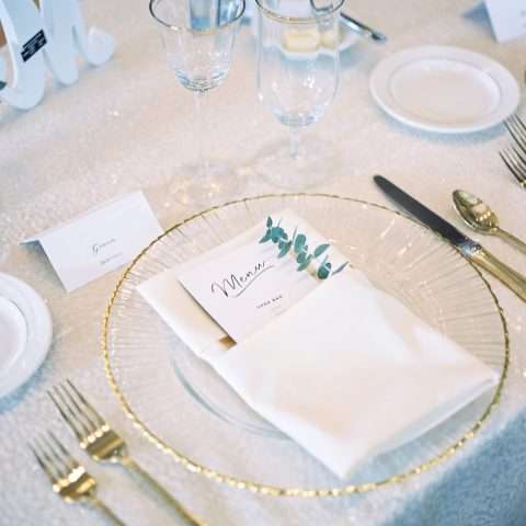 Gold-Rimmed Glass Charger Plate Rental in Rochester, NY