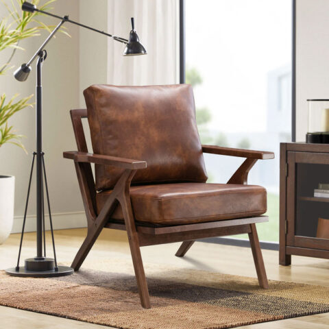 Brown Leather & Wood Armchair Rental in Rochester, NY