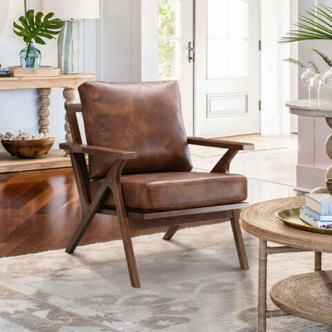 Brown Leather & Wood Armchair Rental in Rochester, NY