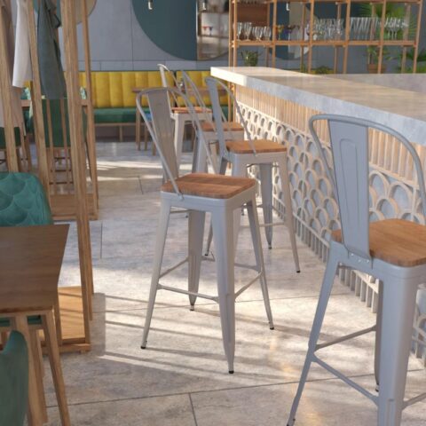 Silver Steel Loft Bar Stool w/ Back Rental in Rochester, NY