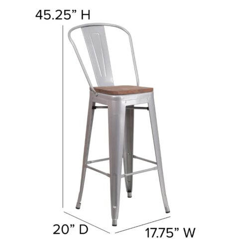 Silver Steel Loft Bar Stool w/ Back Rental in Rochester, NY